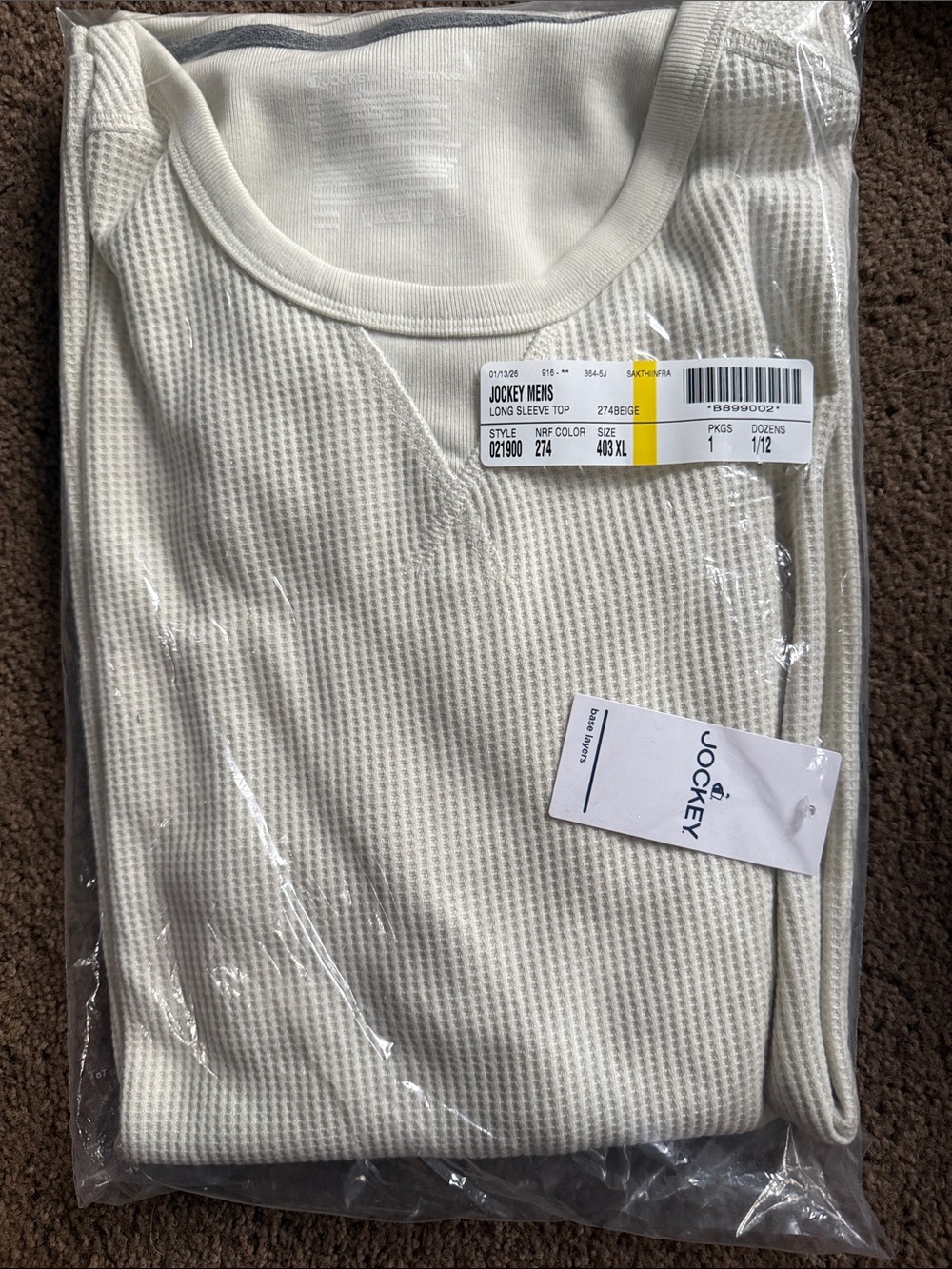 Jockey Men’s Long Sleeve Waffle Crew Shirt Beige New in Package Size XL